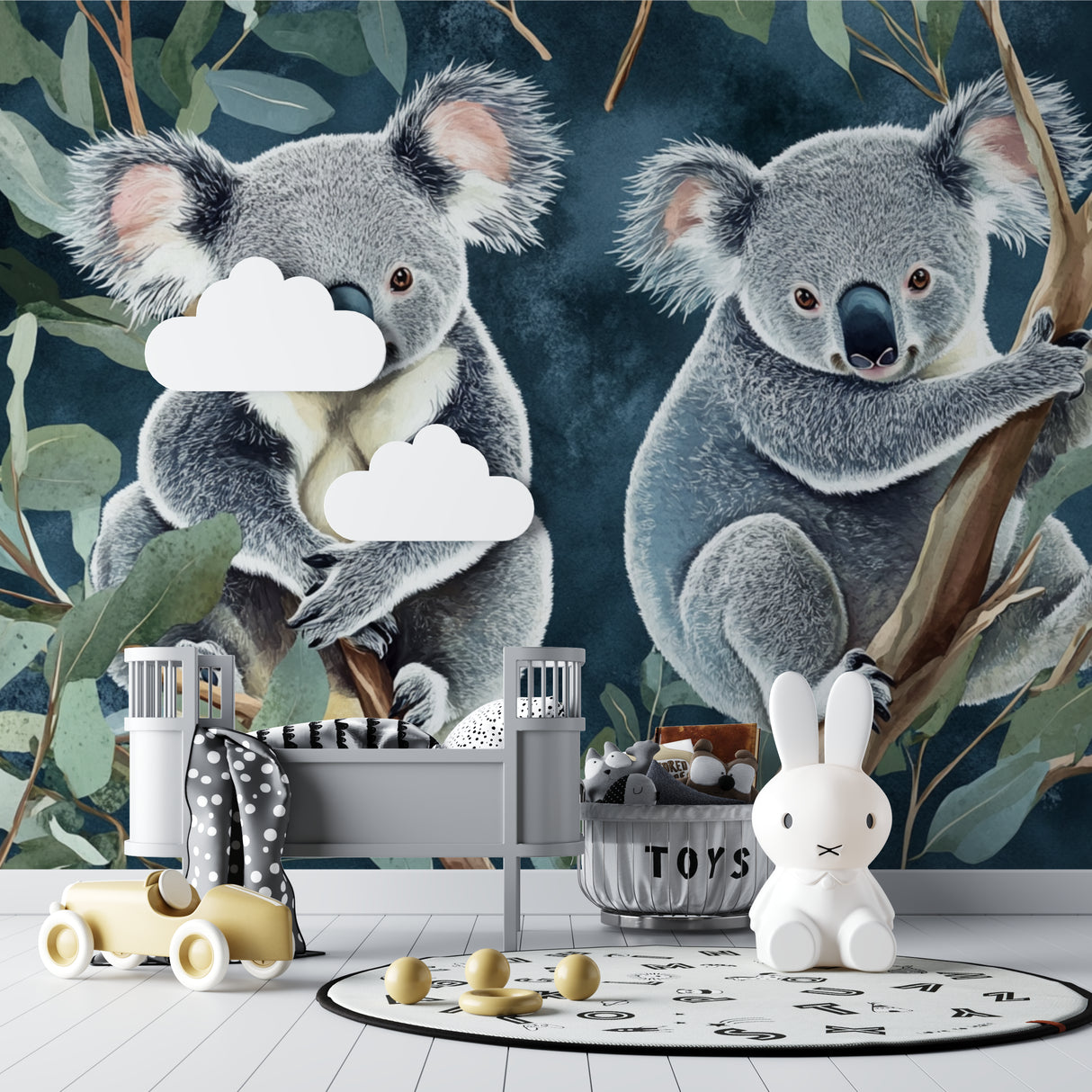 Kids bedroom featuring cute koala wall mural creating a peaceful nature-inspired atmosphere