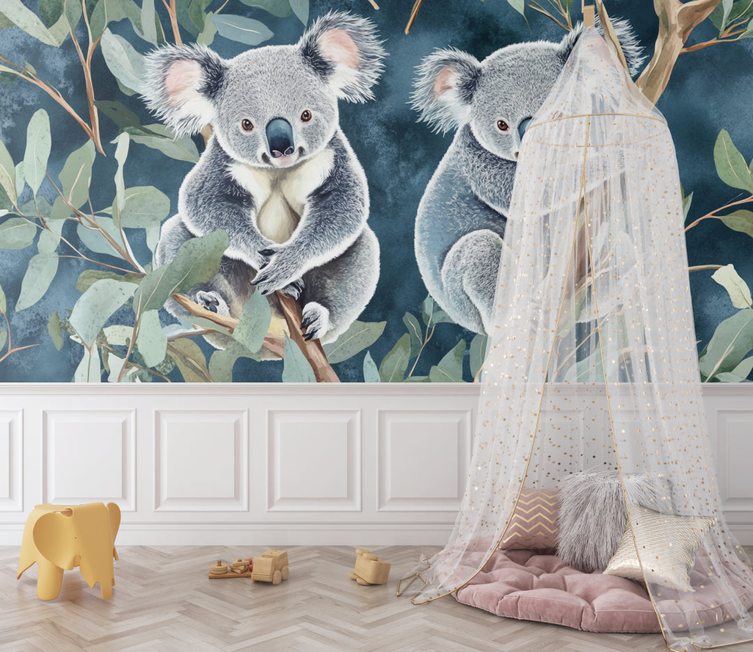 Reading nook with koala eucalyptus forest wallpaper creating a cozy learning corner