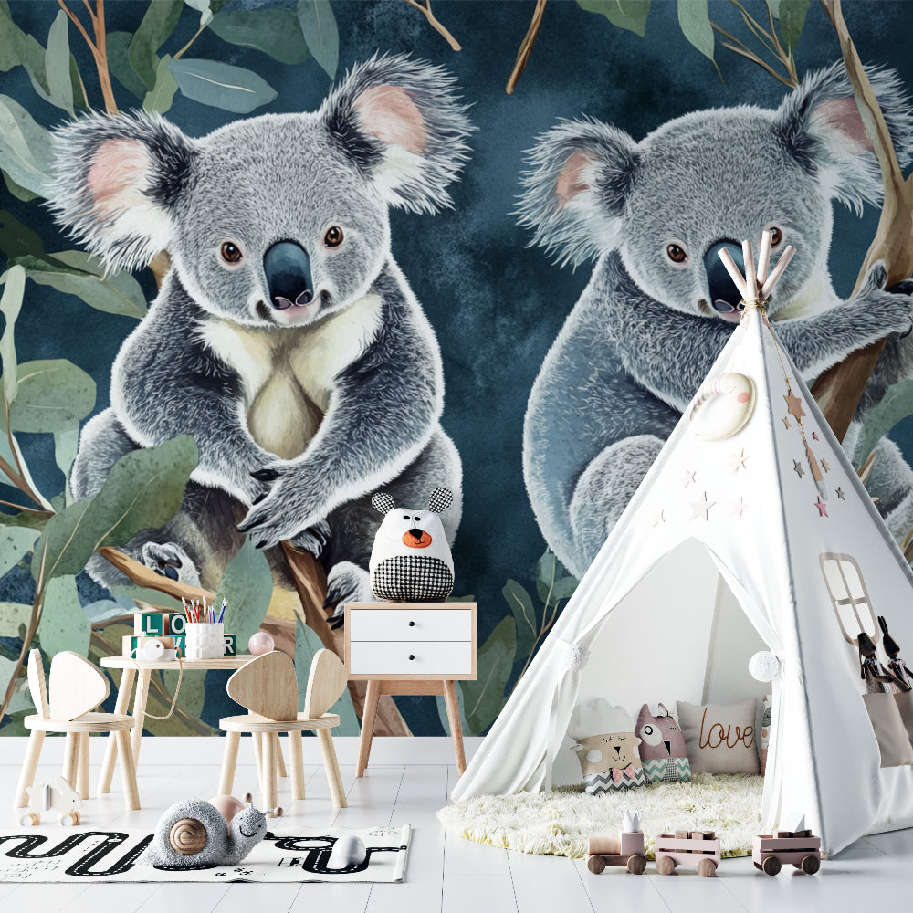 Baby room showcase of koala mural wallpaper paired with natural wooden furniture