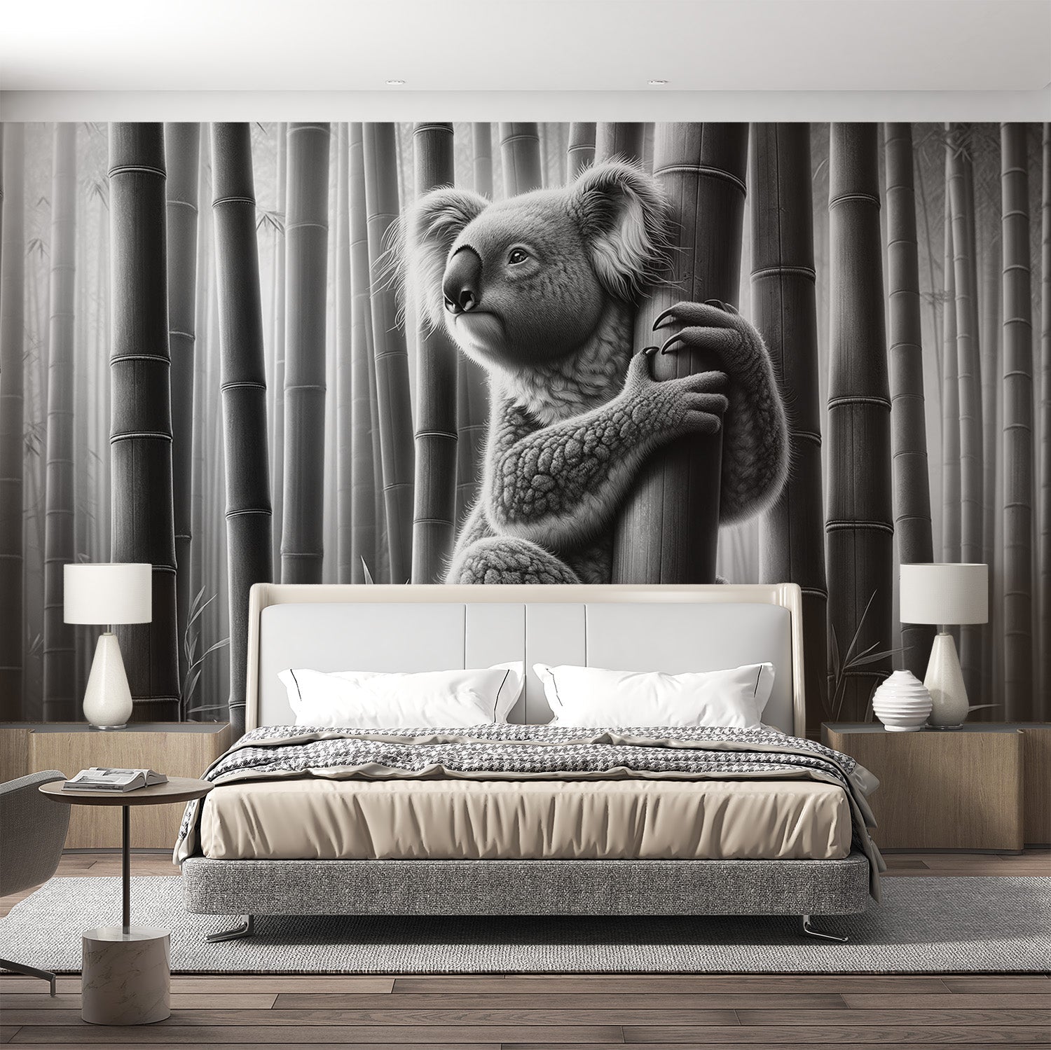 Black and white koala wallpaper creating a serene atmosphere in a modern living room with minimalist furniture