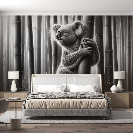 Black and white koala wallpaper creating a serene atmosphere in a modern living room with minimalist furniture