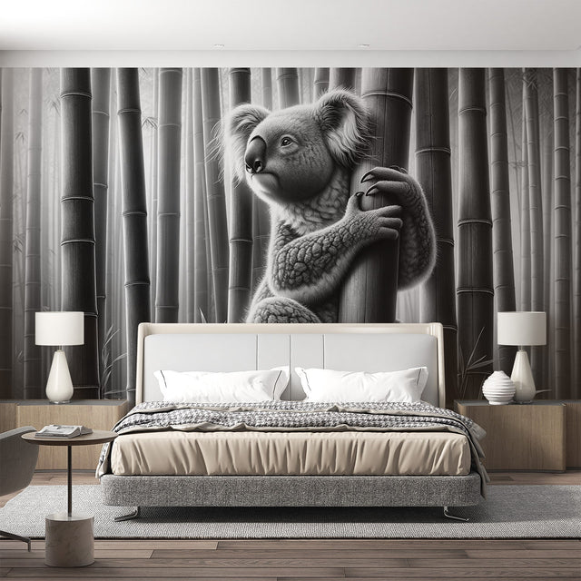Black and white koala wallpaper creating a serene atmosphere in a modern living room with minimalist furniture