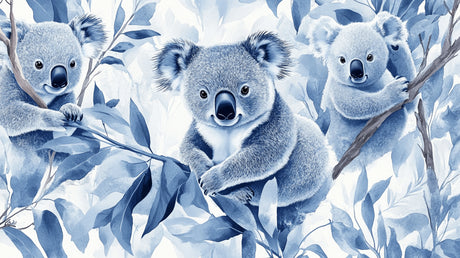 Koala and eucalyptus design file showing detailed pattern and soft blue color palette