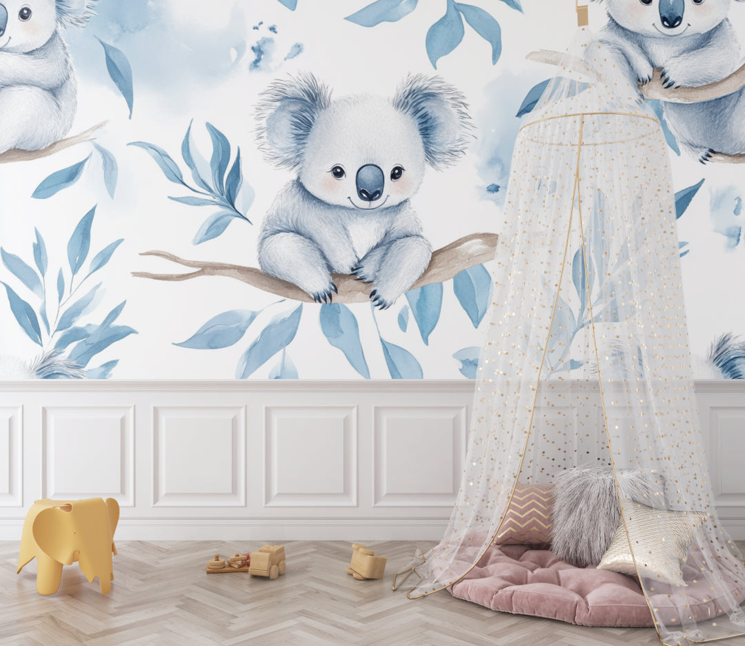 Koala nursery wallpaper bringing calm to a modern nursery with rocking chair and natural decor