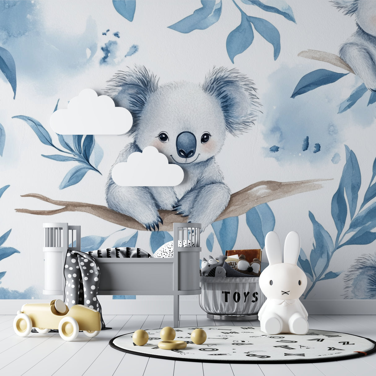 Blue eucalyptus koala wallpaper creating a peaceful atmosphere in a kid's reading nook