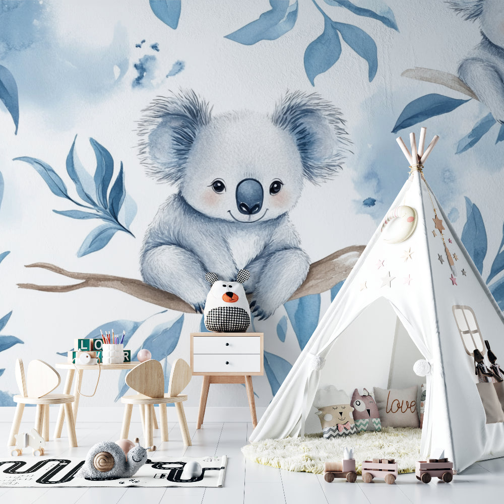 Australian wildlife mural adding charm to a playroom with soft toys and natural lighting