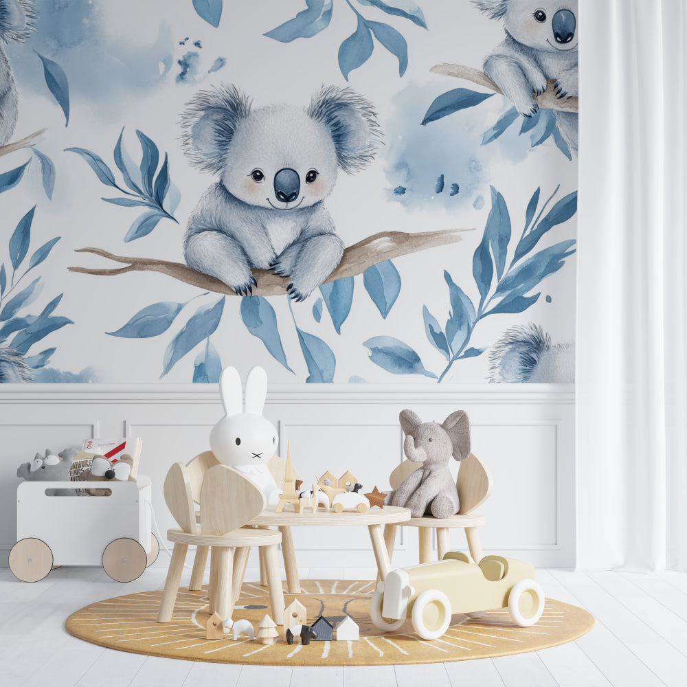Koala wall mural transforming a bedroom with its gentle watercolor design and blue tones