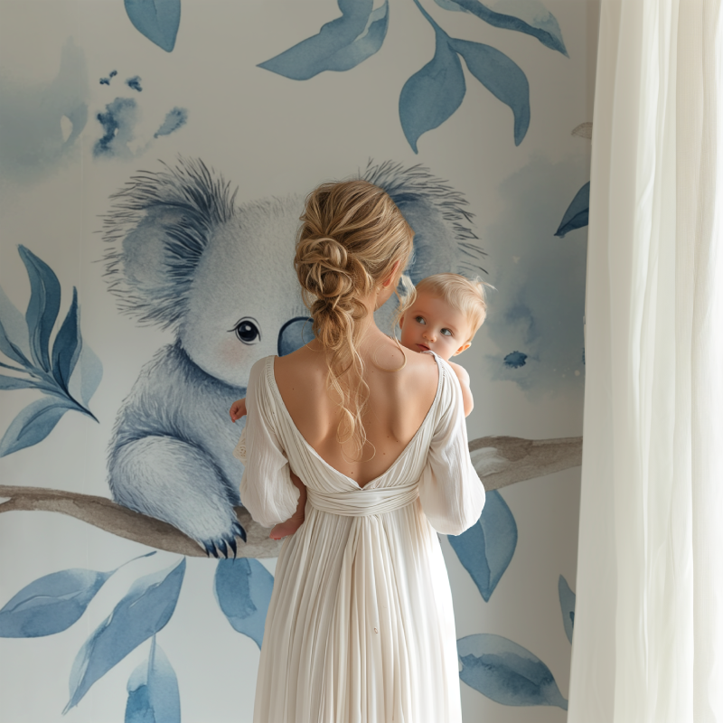 Watercolor koala pattern bringing nature indoors in a modern family room setting