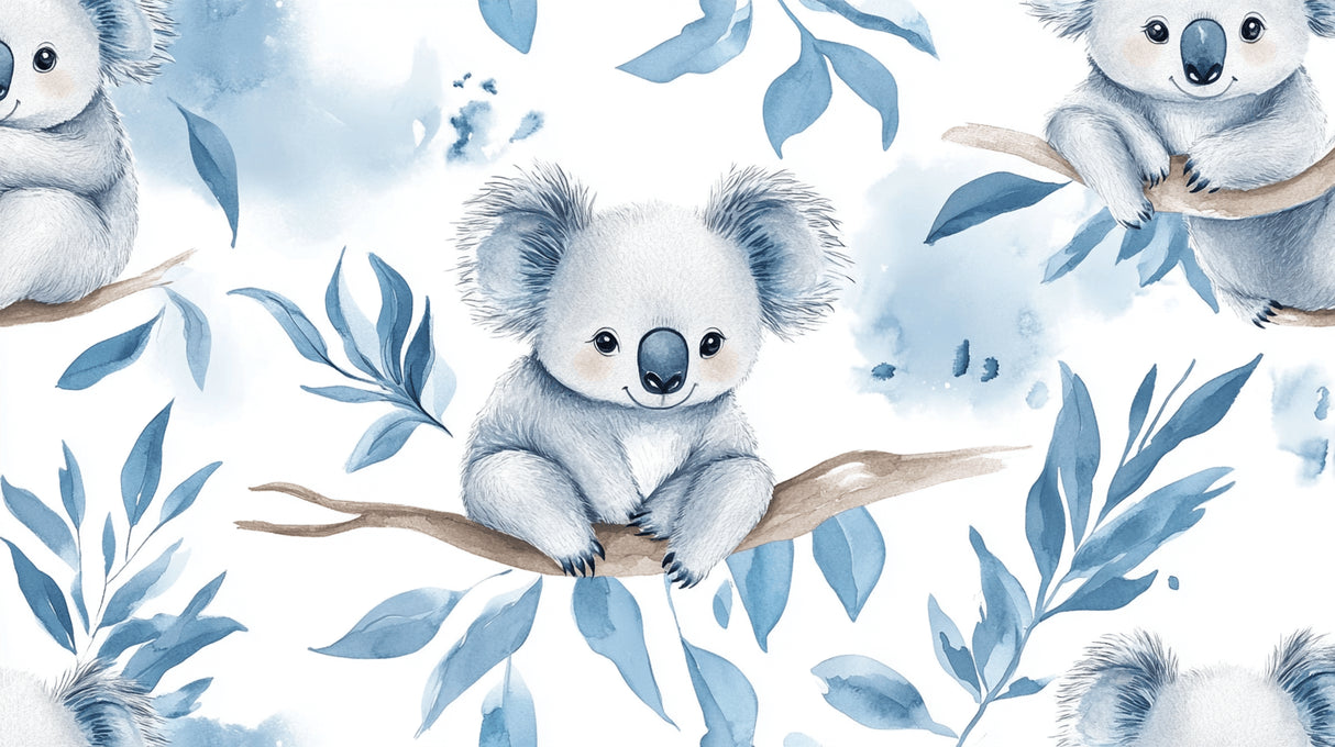 Design file showing detailed koala and eucalyptus pattern in watercolor style