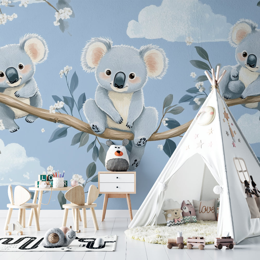 Australian koala wallpaper brightening up a children's reading nook