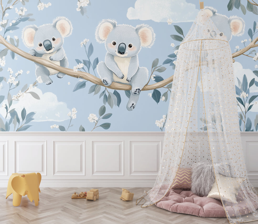 Koala wallpaper mural bringing charm to a playroom with soft furnishings