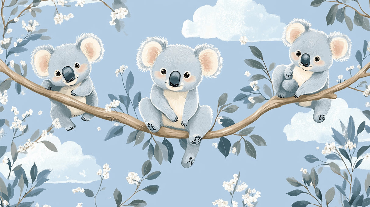 Koala wallpaper design file showing sweet koalas on blue sky with white clouds