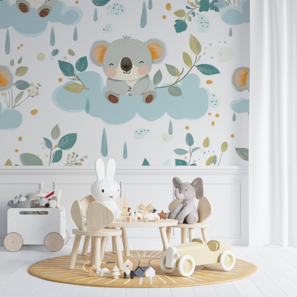 Koala nursery wallpaper creating a peaceful atmosphere in a modern baby room with neutral furniture