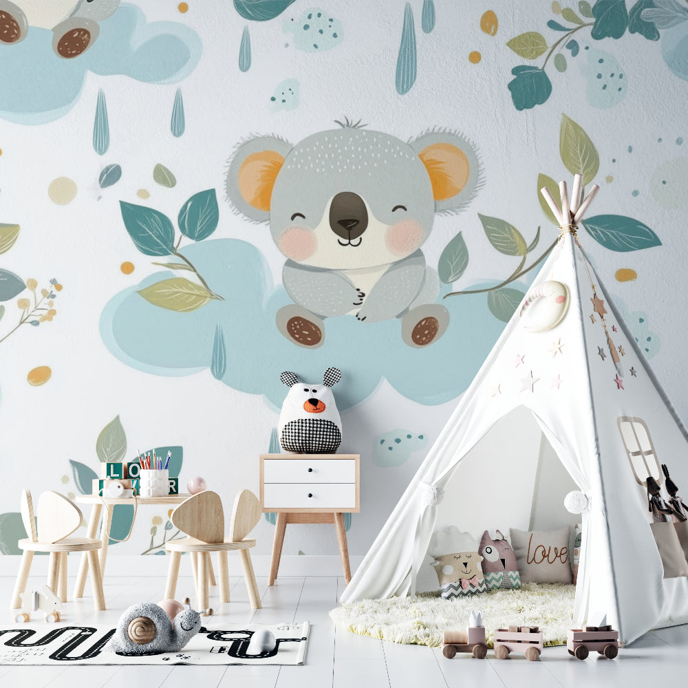 Baby koala wallpaper brightening a toddler's bedroom with soft natural lighting