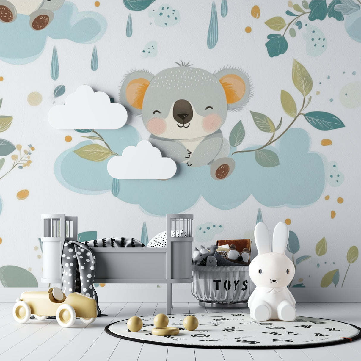 Cloud and koala wallpaper making a statement in a gender-neutral nursery