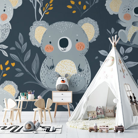 Koala wallpaper in a modern nursery with grey and gold accents, creating a cozy atmosphere