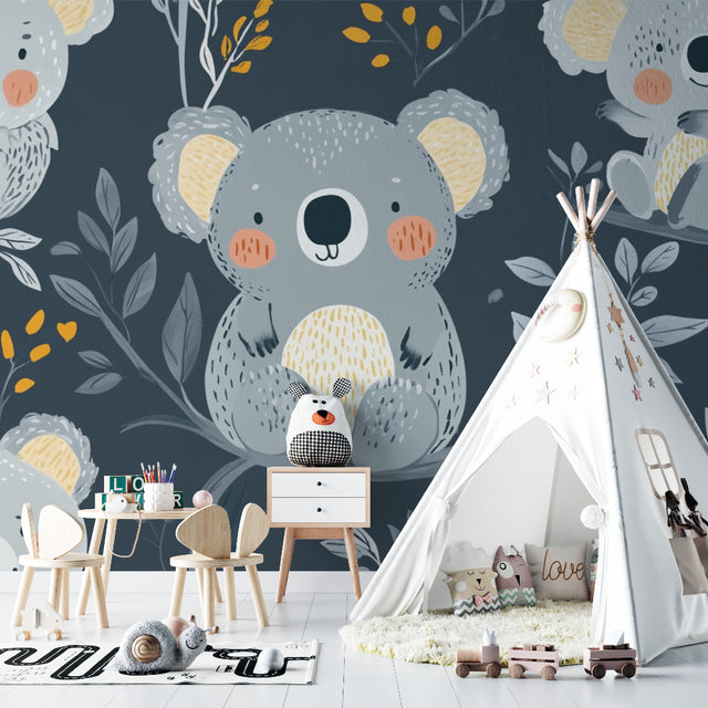 Koala wallpaper in a modern nursery with grey and gold accents, creating a cozy atmosphere