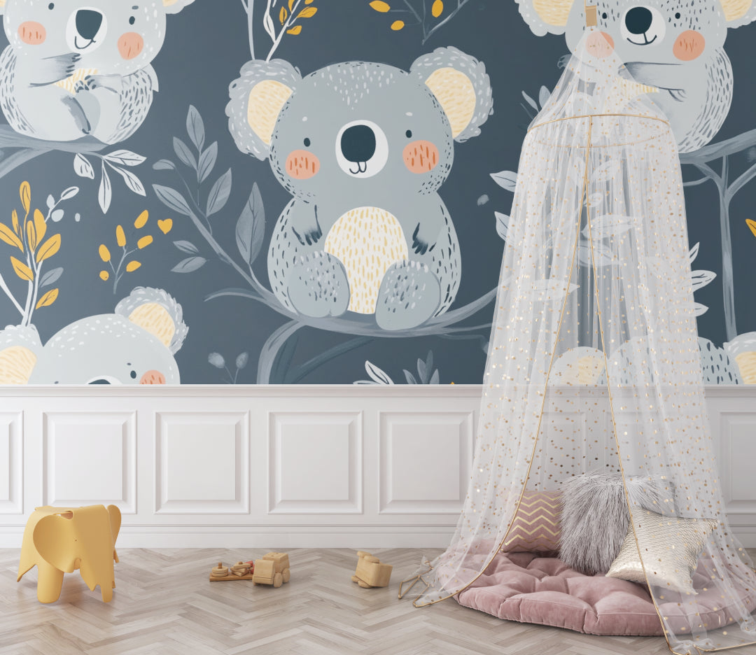 Kids bedroom featuring sweet koala wall mural with matching grey furniture
