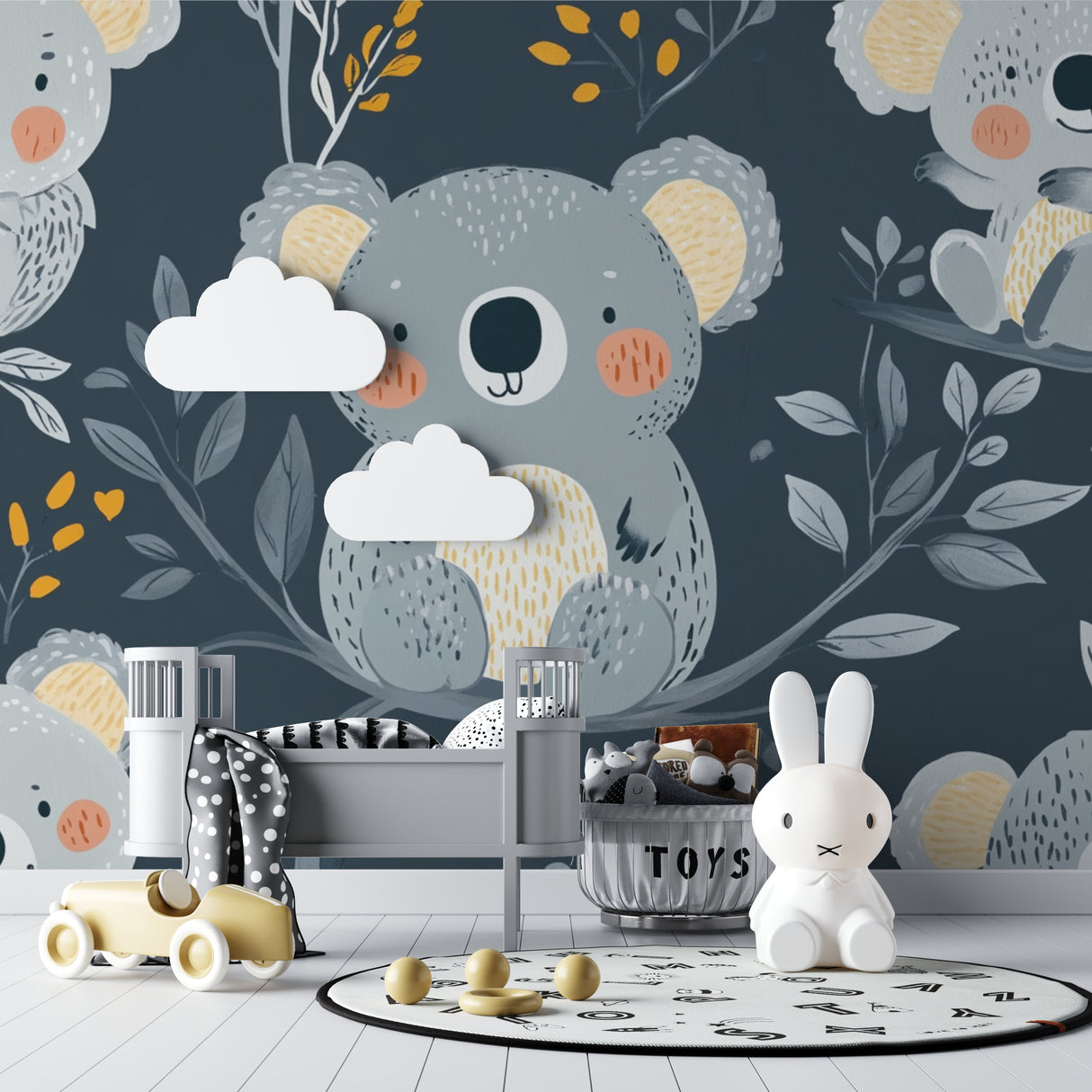 Playroom showcasing Australian animal wallpaper with golden botanical details