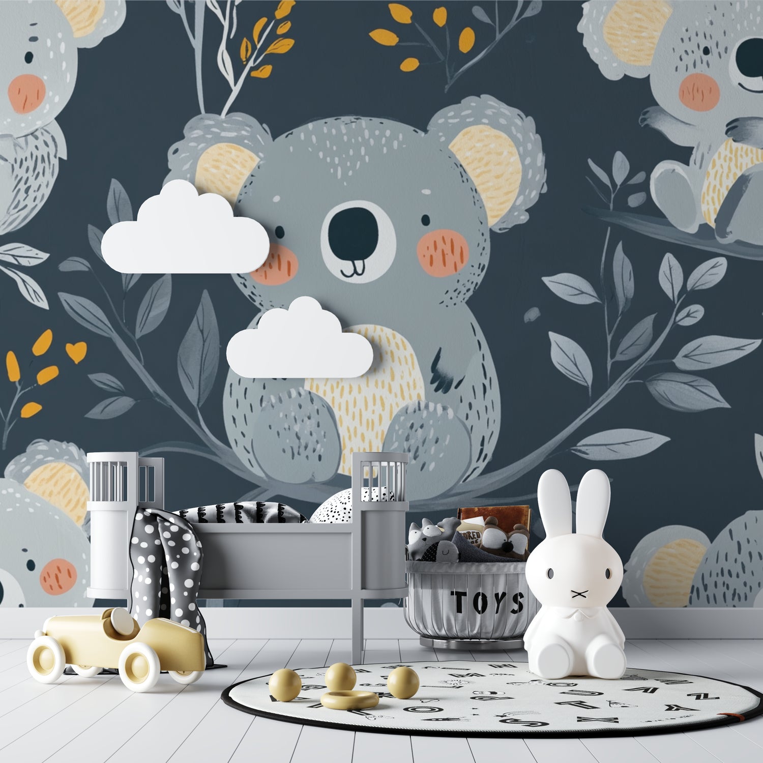 Playroom showcasing Australian animal wallpaper with golden botanical details