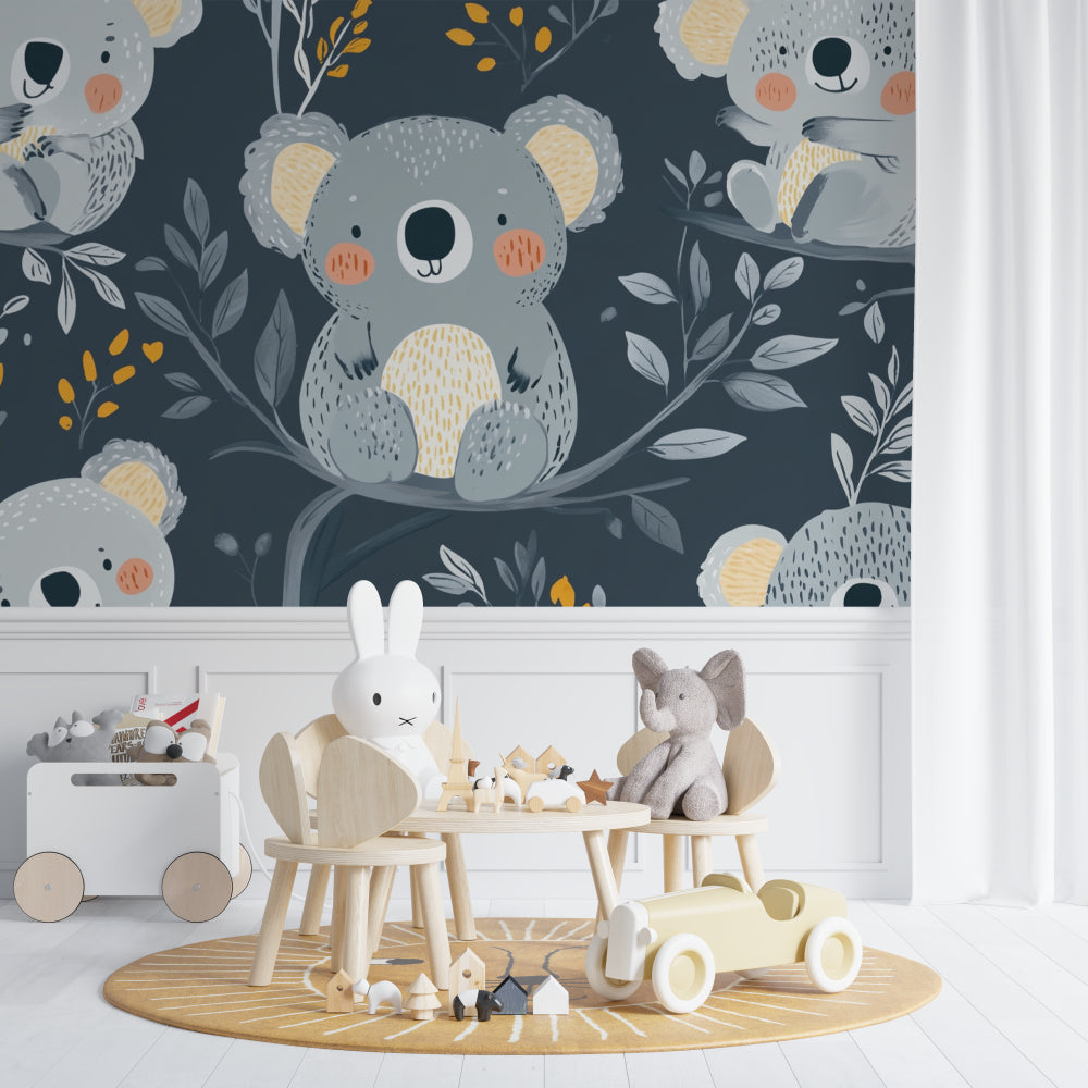 Grey and gold koala wallpaper in a reading nook with soft lighting