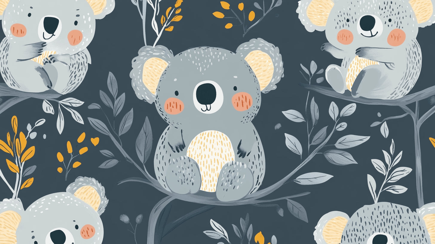 Koala wallpaper design file showing charming grey bears with gold accents on grey background