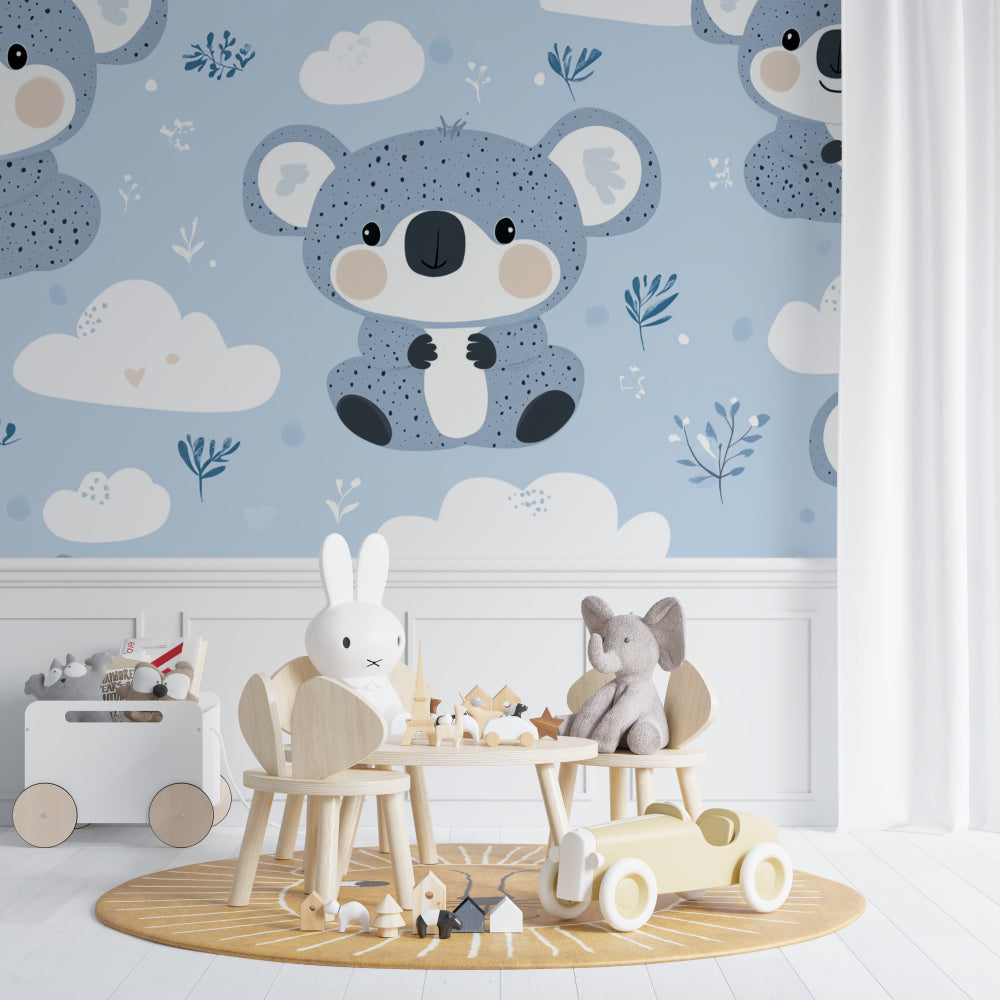 Koala and clouds wallpaper brings charm to a playroom setting