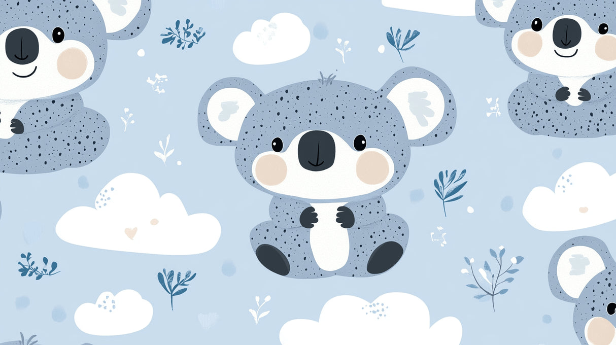 Koala nursery wallpaper design file showing full pattern with clouds and blue botanical details