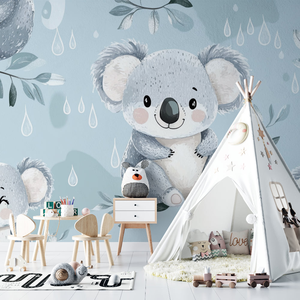 Playroom featuring sweet koala wallpaper with eucalyptus leaves and gentle rain drops
