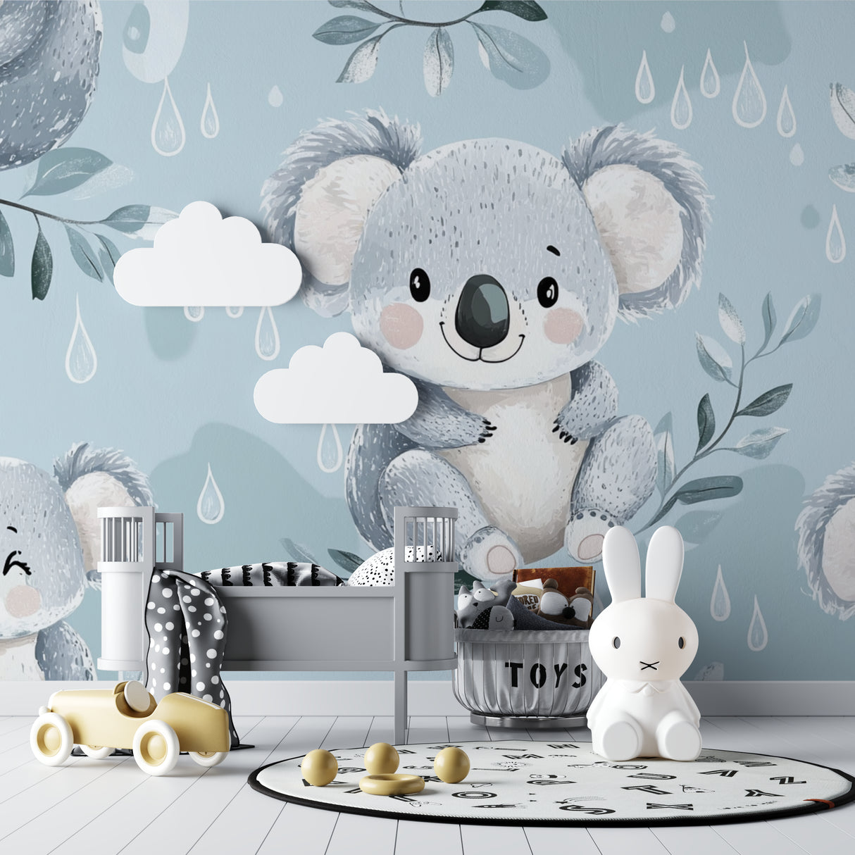 Children's bedroom with Australian koala mural wallpaper and blue accents