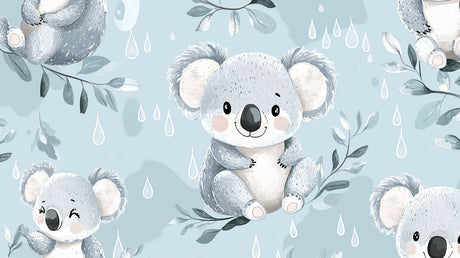Koala nursery wallpaper design file with rain drops and eucalyptus pattern