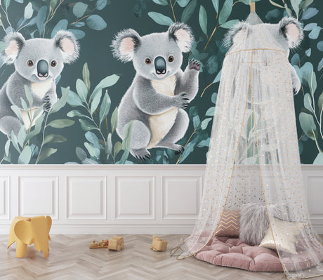 Koala wallpaper mural creating a sweet atmosphere in a modern nursery with white furniture