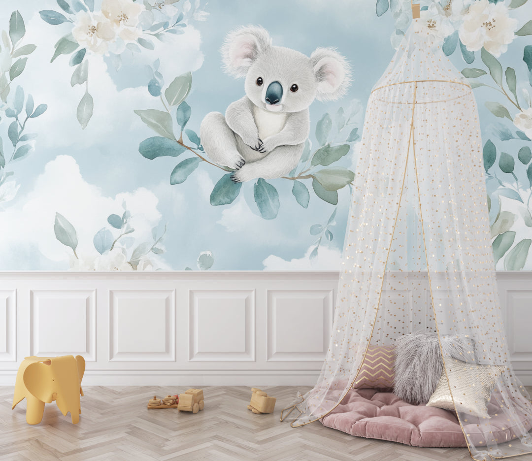 Australian koala mural wallpaper in a minimalist children's playroom setting