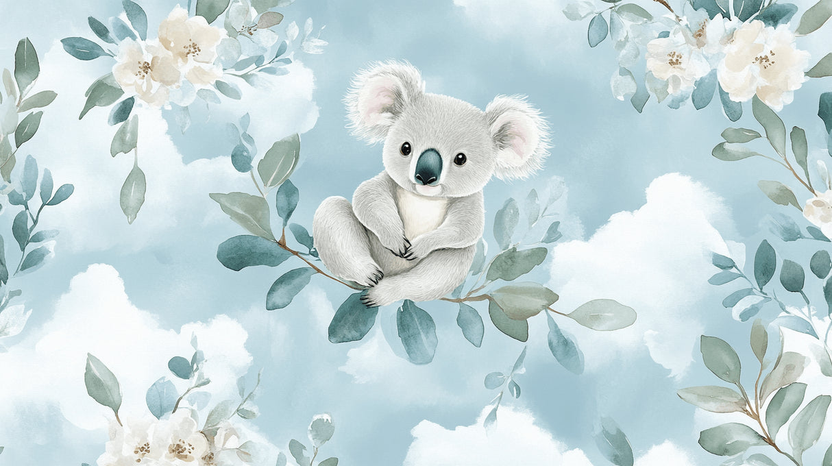 Koala nursery wallpaper design file showing detailed eucalyptus leaves and gentle blue tones