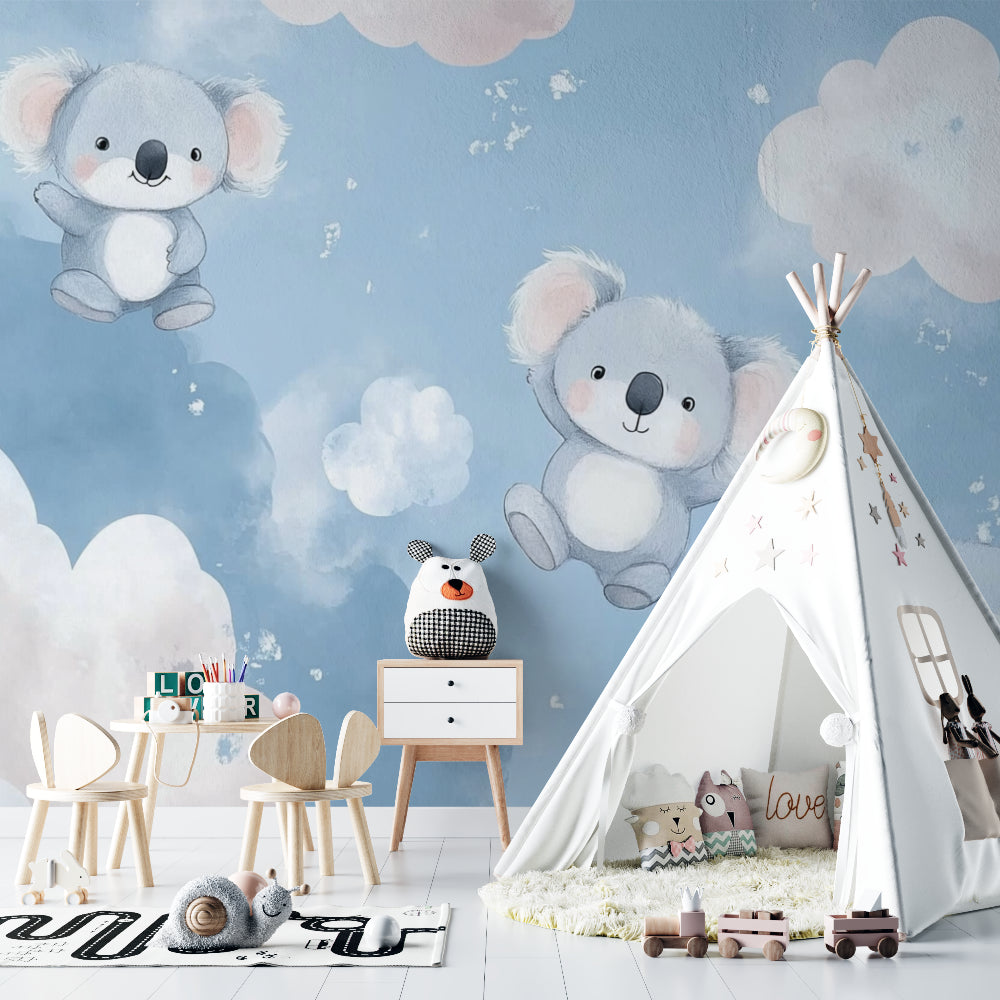 Koala wallpaper mural creating a peaceful atmosphere in a modern nursery with white furniture