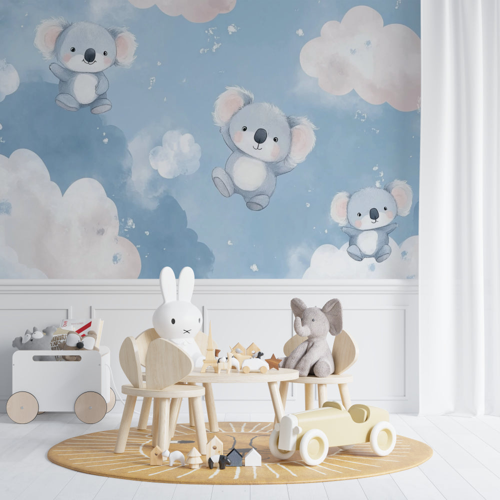 Dreamy koala wall mural brightening a toddler's bedroom with natural light