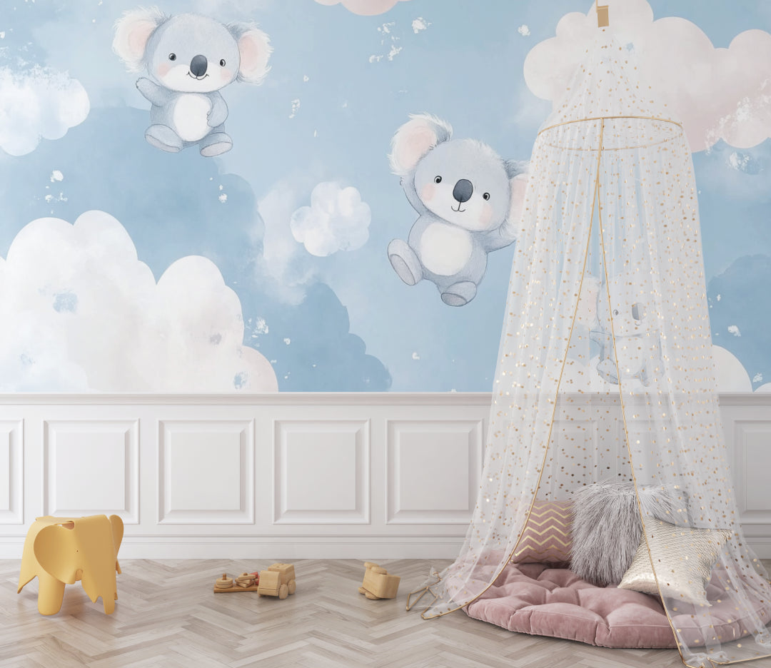 Cloud koala wallpaper installation in a cozy reading nook with soft cushions