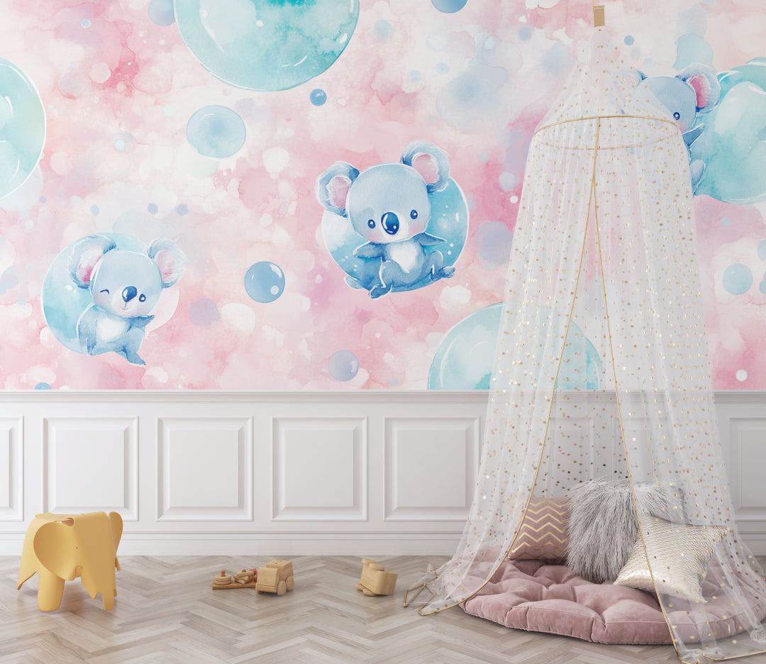 Koala nursery wallpaper creating a magical atmosphere in a modern baby room with white furniture