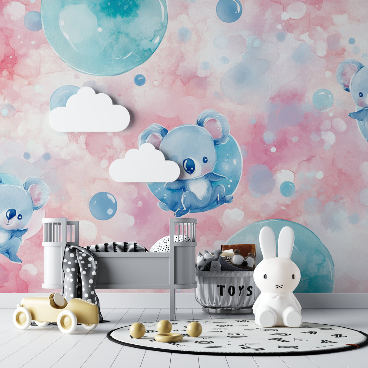 Pink and blue koala wallpaper in a toddler's playroom with natural light