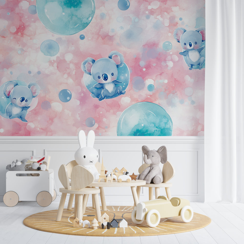 Bubble koala wall mural in a girl's bedroom with pastel accessories