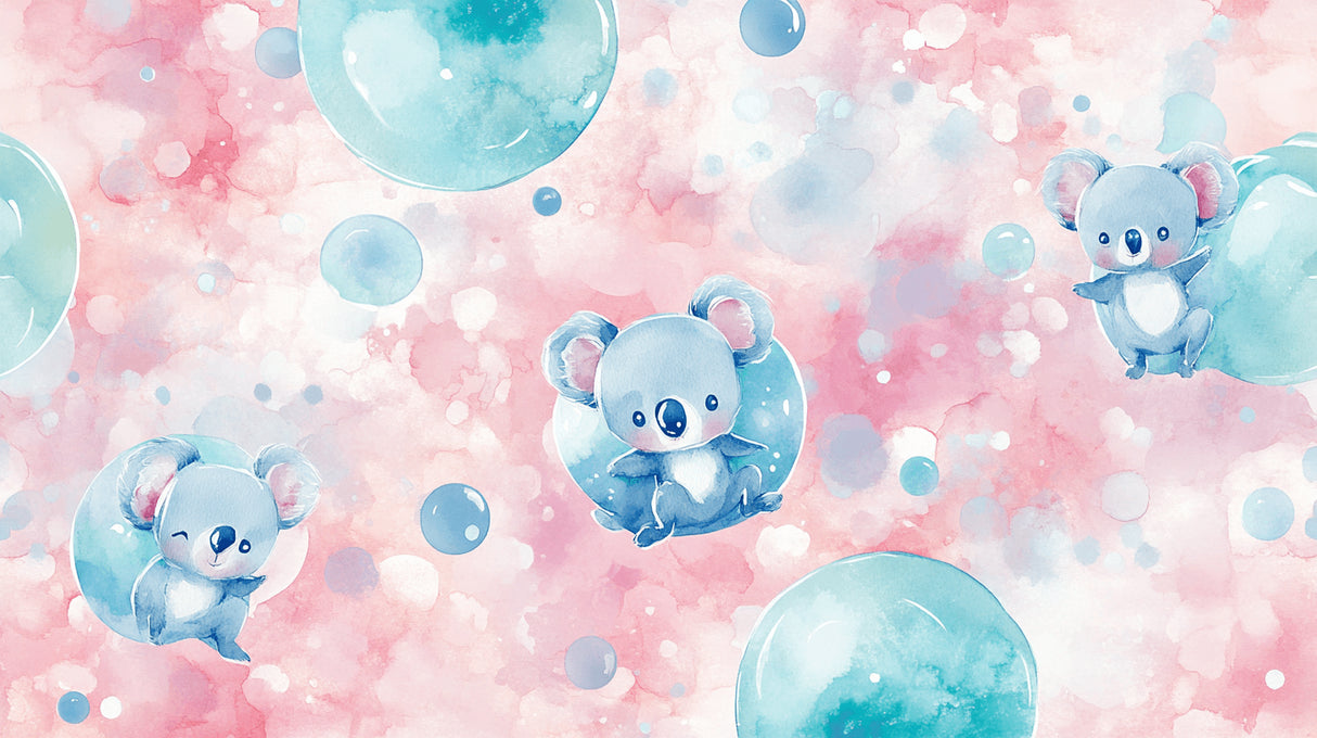 Design file of floating koalas in bubbles pattern with pink and blue watercolor background