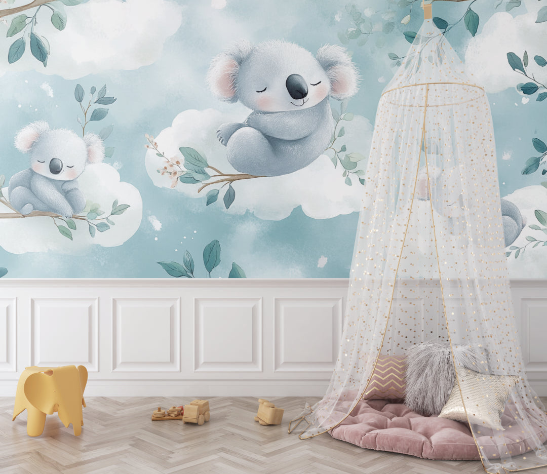 Baby koala wall mural creating a peaceful atmosphere in a mint green nursery