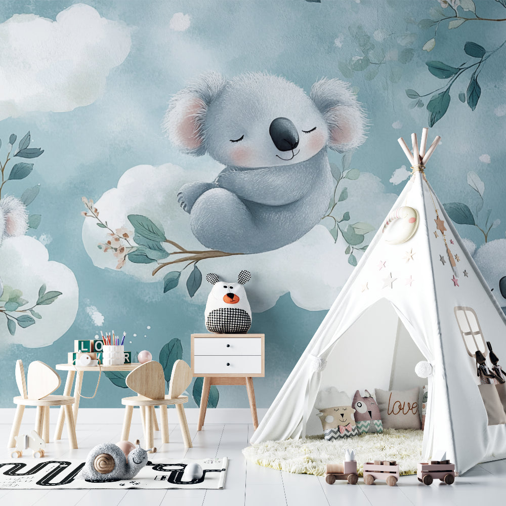 Cloud nursery wallpaper with koalas in a Scandinavian style baby room