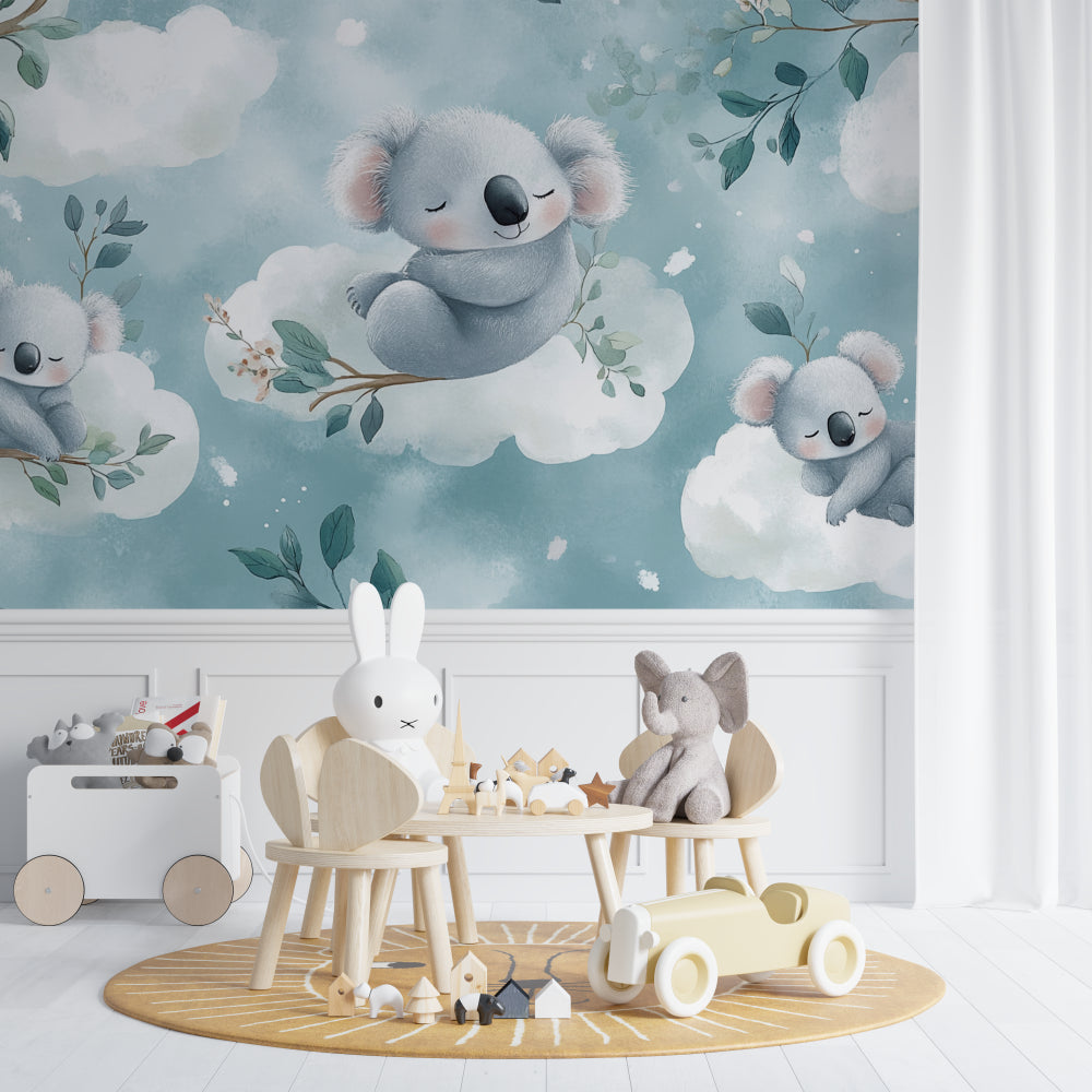 Koala mural wallpaper bringing warmth to a pastel-themed children's bedroom