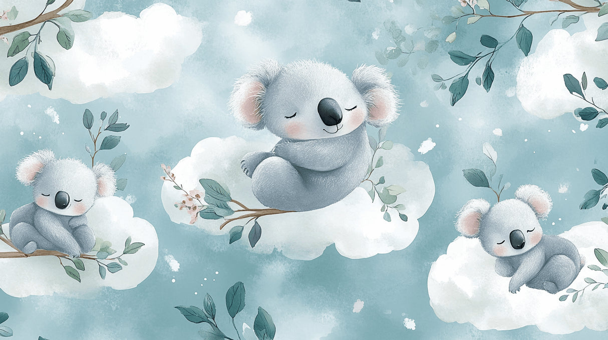 Design file of koala nursery wallpaper showing full pattern with clouds and eucalyptus details