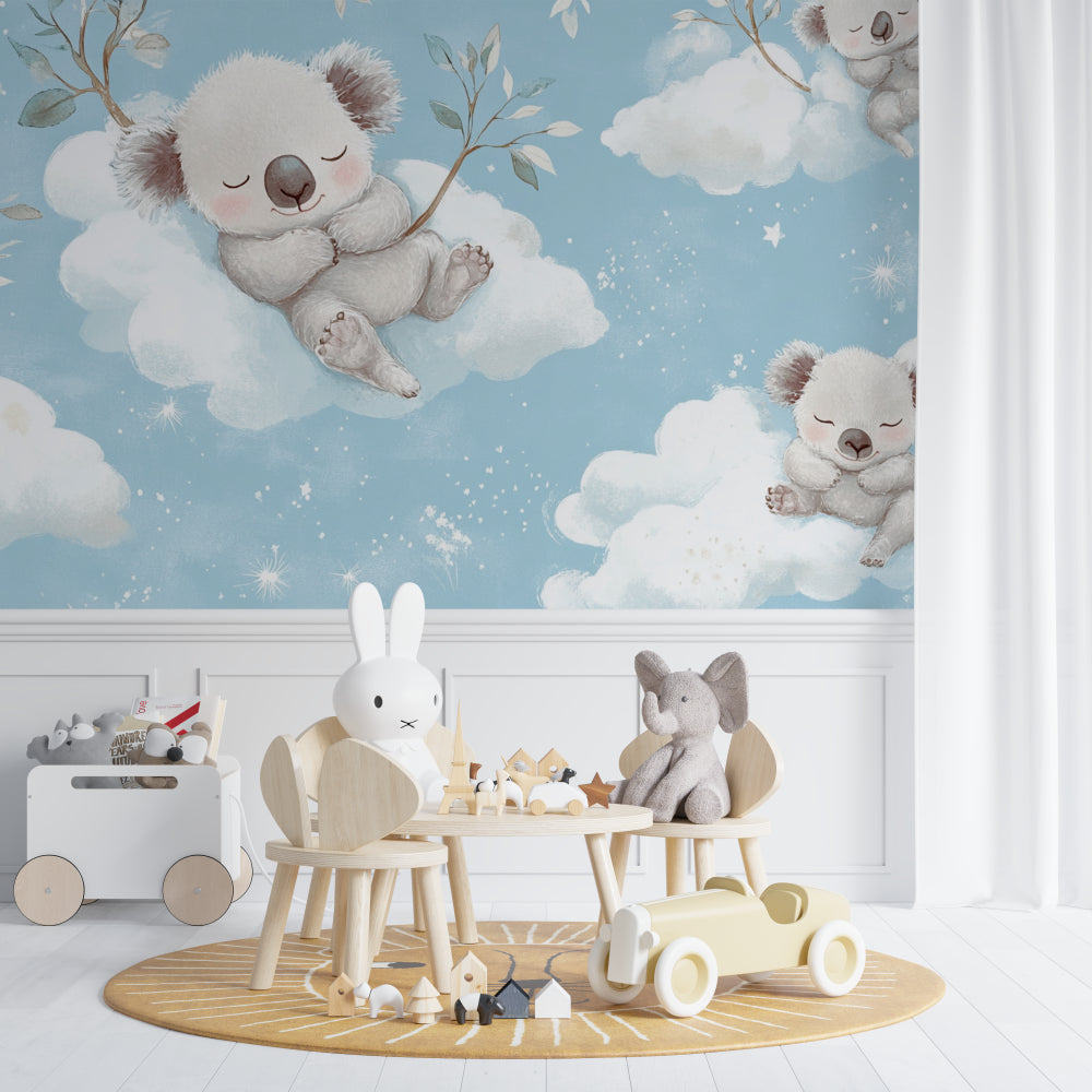 Dreamy koala wall mural brightening a child's reading nook with soft lighting