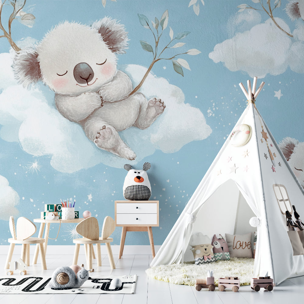 Koala cloud pattern wallpaper in a baby's room with natural wood accents