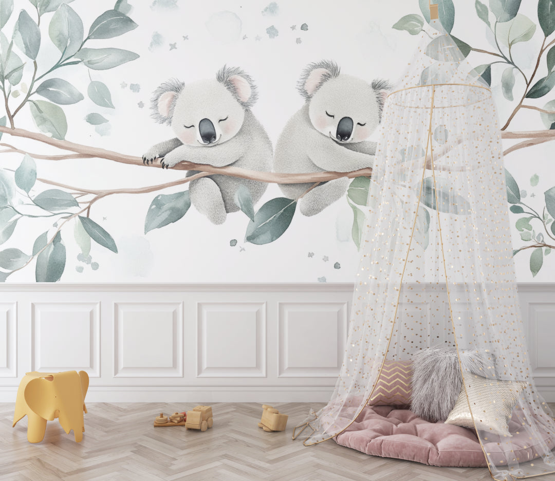 Koala nursery wallpaper creating a peaceful atmosphere in a modern white nursery with natural wood furniture