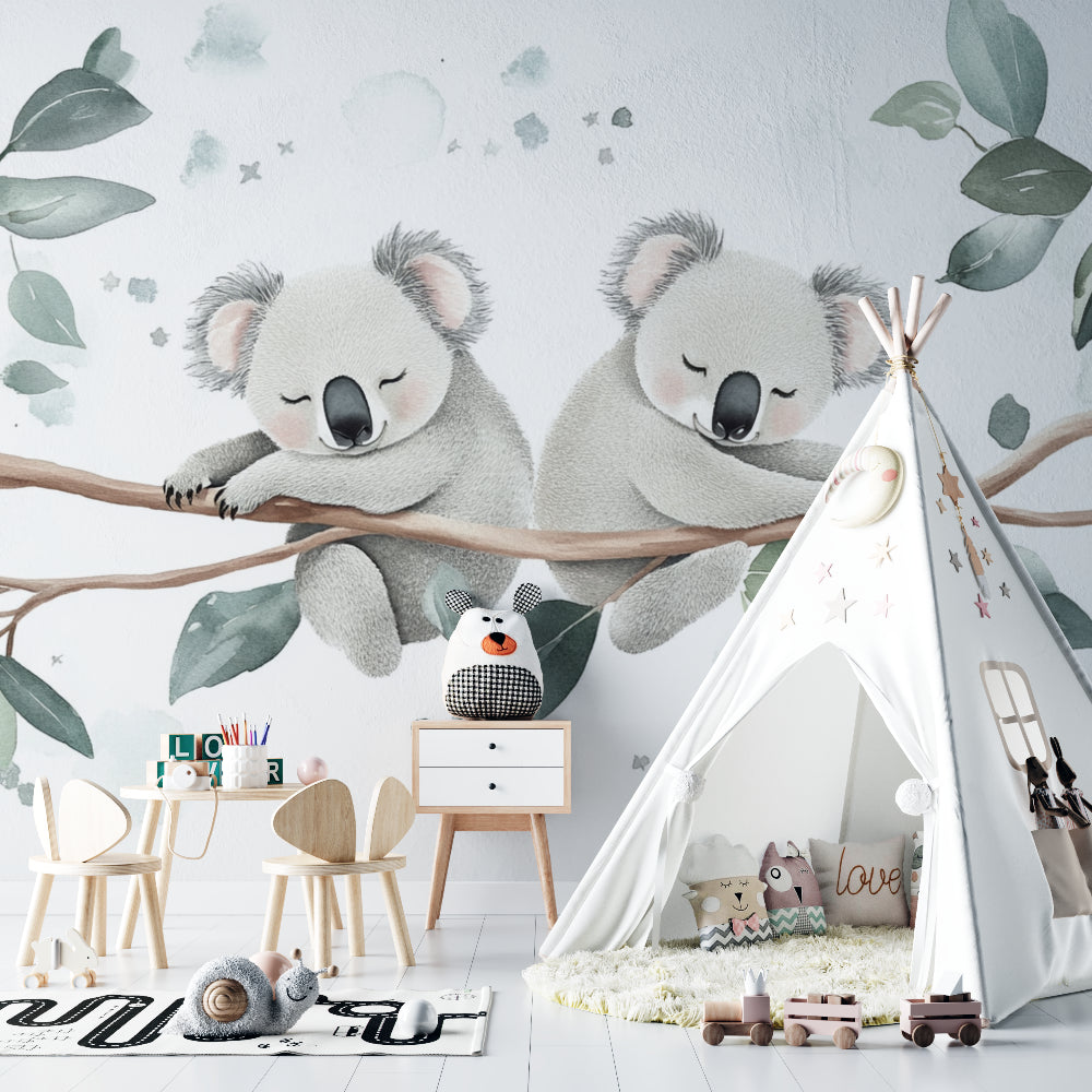 Sweet koala wall mural in a child's reading nook with cozy cushions and soft lighting