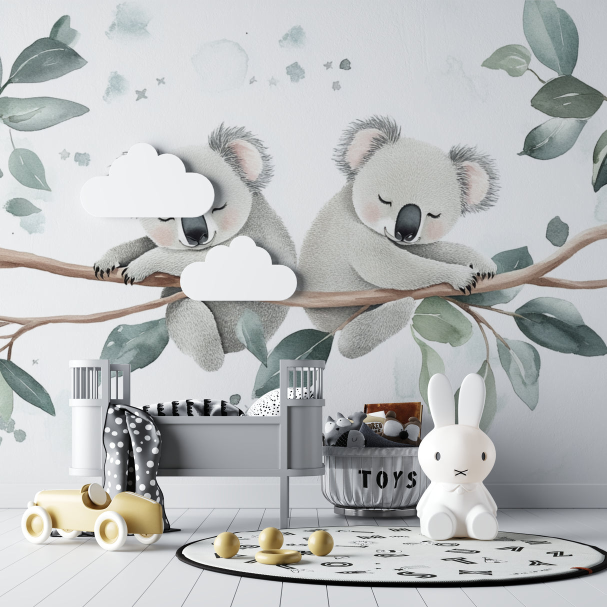 Australian koala wallpaper bringing charm to a gender-neutral nursery with gray and white decor